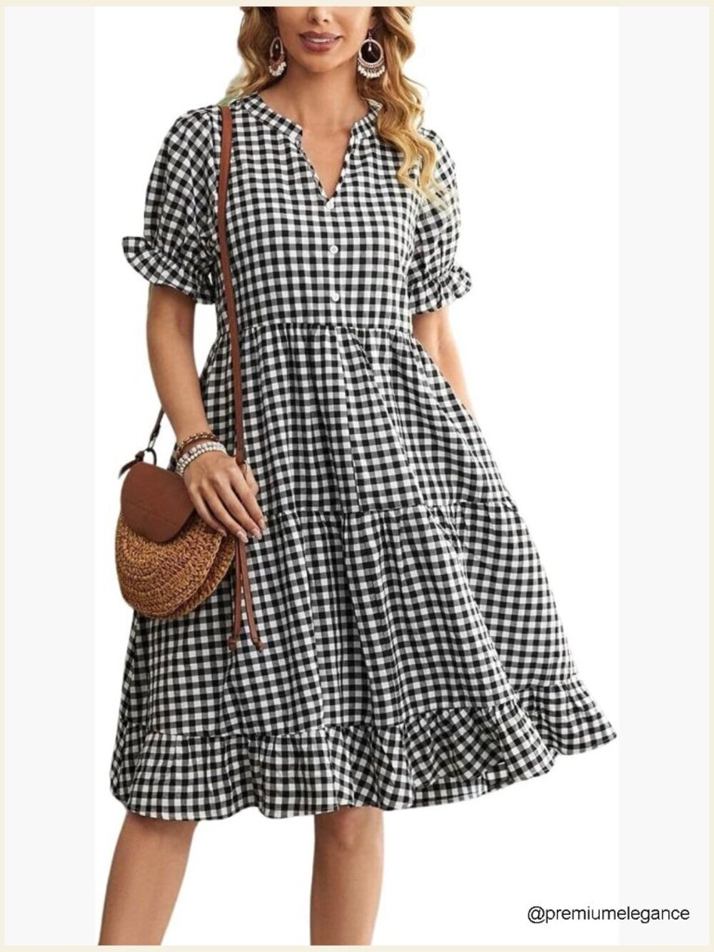 Y2k Plaid Babydoll Dress Puff Sleeve Ruffle Hem Midi Dress
